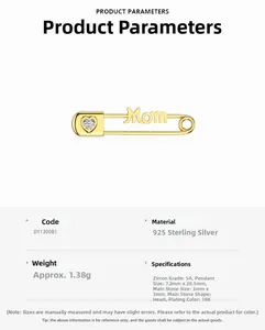 Detailed product specs of S925 sterling silver Mom brooch with heart-shaped 5A zircon