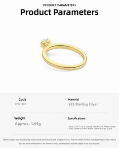 Detailed specs for 925 sterling silver ring with 0.5CT 5A zircon stone and gold plating