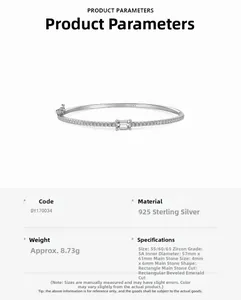 Detailed chart showing 925 sterling silver bangle weight and 5A zircon dimensions