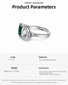 Gros plan d'une bague en argent 925 sertie de zircons émeraude et incolore poire