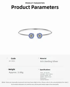 Detailed view of S925 sterling silver evil eye open bangle with cubic zirconia inlay