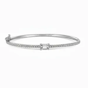 925 Sterling Silver Emerald Cut Zirconia Bangle Bracelet Elegant Pave Rhinestone Jewelry For Women Wedding Party Accessory