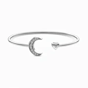925 Sterling Silver Moon Heart Open Bangle With Zirconia Inlaid Adjustable Minimalist Fashion Bracelet Jewelry Gift For Women