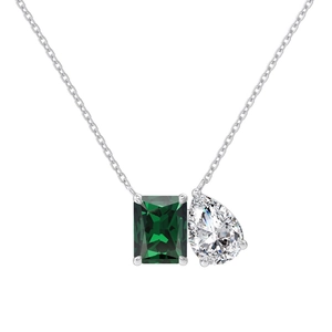 Collier en argent S925 avec pierre verte taille émeraude et pendentif zircon en goutte