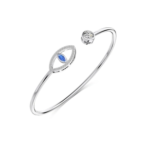 Bracelet jonc ouvert en argent S925 avec œil grec bleu et détails en zircon blanc