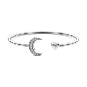 Exquisite S925 sterling silver moon and heart bangle with sparkling zircon stones