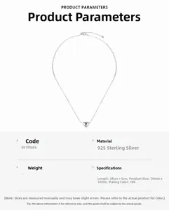 Detail of S925 silver heart necklace with 38+5cm chain length and 10mm pendant size