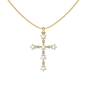 Collana a croce in argento sterling S925 con perle e zirconi in finitura dorata