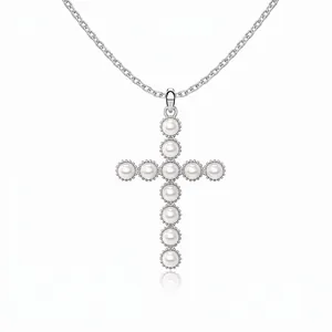 Elegant 925 Sterling Silver Artificial Pearl Cross Pendant Necklace For Women Religious Beaded Edge Chain Jewelry Gift