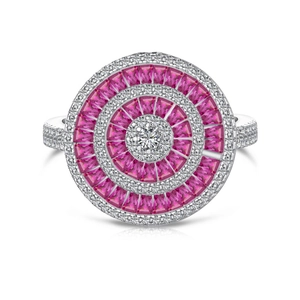 Luxuriöser S925 Sterlingsilber Ring mit rosa Saphir und weißen Diamant konzentrischen Kreisen