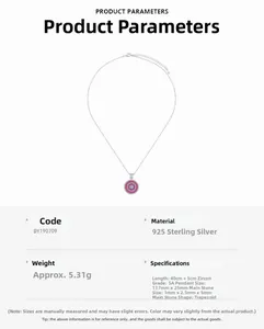 Detailed view of S925 sterling silver necklace with pink cubic zirconia pendant and measurements