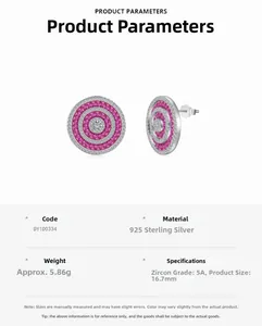 Detail of 925 sterling silver stud earrings with 5A pink cubic zirconia and size specs