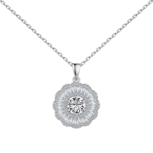 Elegante collana girasole in argento S925 con petali di zirconi e pietra centrale 5A