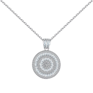 Elegant S925 sterling silver necklace with circular pave zircon pendant on white background