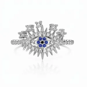 925 Sterling Silver Evil Eye Open Ring For Women Inlaid Zirconia Delicate Adjustable Fashion Hand Jewelry Finger Ring For Daily Wear