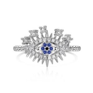 S925 sterling silver evil eye ring with blue zircon inlay and beaded band texture