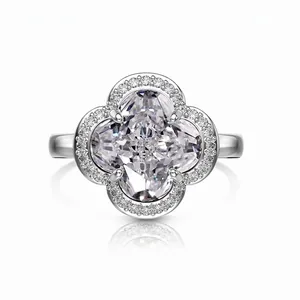 S925 Sterling Silver Four Leaf Clover Ring For Women Inlaid Sparkling Zirconia Elegant Wedding Bridal Jewelry Fashion Finger Ring