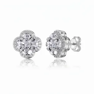 Luxury 925 Sterling Silver Clover Stud Earrings With Zirconia Pave Flower Elegant Daily Ear Piercing Jewelry Women Gift