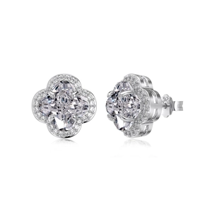 Sparkling S925 sterling silver four leaf clover stud earrings with heart cut stones