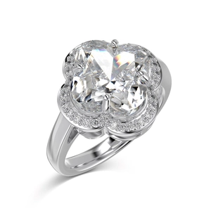 Elegant S925 sterling silver four-leaf clover ring with cushion-cut zircon stone