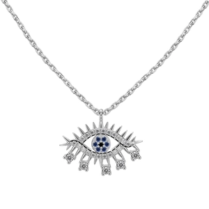 Collier mauvais oeil en argent sterling S925 avec zircons bleus et blancs sur fond blanc