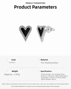 Détails des boucles d'oreilles cœur en argent S925 avec zircons 5A et spécifications