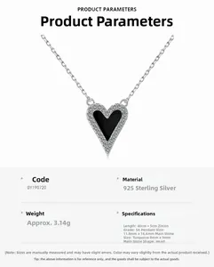 Détails techniques du collier coeur en argent S925 avec zircon 5A et spécifications