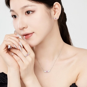 Elegant S925 sterling silver heart and wing jewelry set with pink cubic zirconia stones