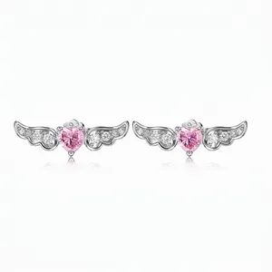 925 Sterling Silver Heart Angel Wing Stud Earrings Pink Zirconia Inlaid Fashion Jewelry For Women Dating Daily Gift