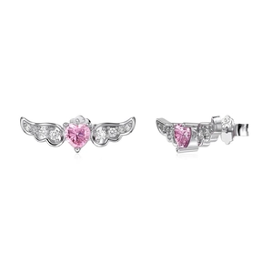 S925 Sterling Silver wing heart earrings with pink zircon stone and white accent crystals