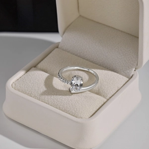 Macro shot of S925 sterling silver ring with oval cubic zirconia and hallmark