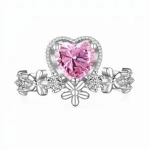 925 Sterling Silver Heart Shaped Pink Zirconia Ring Floral Surrounded Wedding Band Fairy Style Luxurious Finger Jewelry For Women