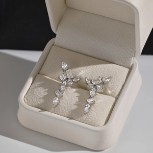 Détail de boucles d'oreilles de luxe en argent S925 et zircon dans leur boîte à bijoux