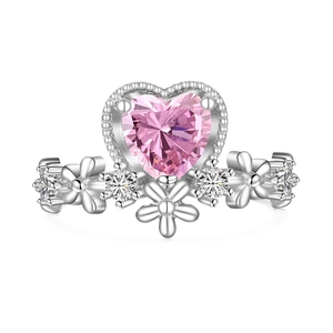 Luxury S925 sterling silver ring with heart pink stone and floral band details