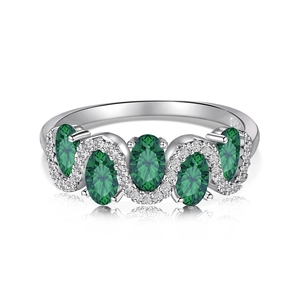Elegant S925 sterling silver ring featuring green emerald-cut stones and wave zircons