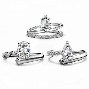925 Sterling Silver Zirconia Star Trail Bypass Ring Pear Oval Cut Engagement Ring And Curved Band Jewelry For Women
