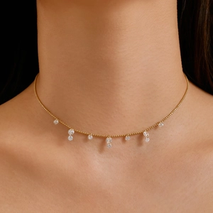 Elegant gold-plated S925 sterling silver choker necklace with shimmering zircon pendants