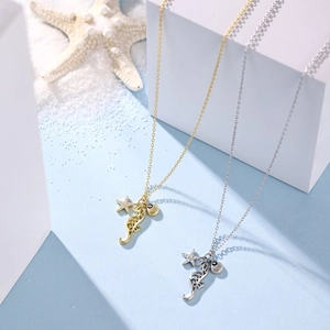 Elegant S925 sterling silver sea horse and shell pendant necklace with delicate crystals