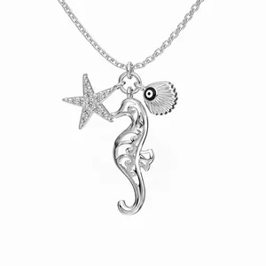 925 Sterling Silver Ocean Seahorse Starfish Shell Pendant Necklace For Women Zirconia Gold Platinum Plated Fine Jewelry Gift