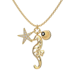 Golden S925 sterling silver necklace with seahorse, starfish and evil eye shell charms