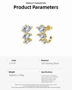 Detail view of S925 sterling silver drop earrings with triple pear-cut cubic zirconia