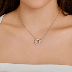 S925 sterling silver interlocking double ring necklace with sparkling rectangular zircons