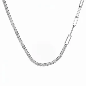 925 Sterling Silver Paperclip Tennis Chain Necklace For Women Geometric Rhinestone Inlaid Commuter Luxury Jewelry Gift
