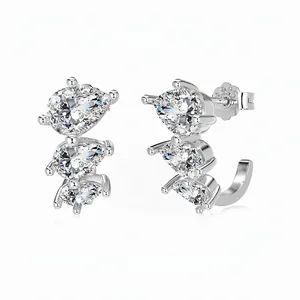 925 Sterling Silver Pear Cut Zirconia Stud Earrings For Women Elegant Three Stone Gradient Water Drop Arc Design Ear Jewelry