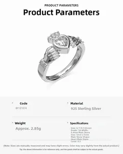 Detailed specs for S925 sterling silver Claddagh ring with heart crown zircon design