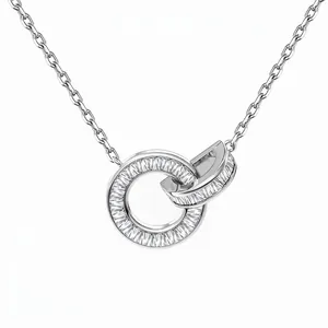 925 Sterling Silver Double Interlocking Ring Pendant Necklace For Women Elegant Gold Silver Plated Zirconia Clavicle Chain Jewelry