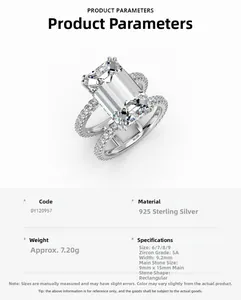 Detalles del anillo de plata S925 de doble fila con circón rectangular de 9x15mm