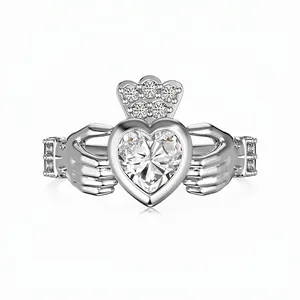 S925 Sterling Silver Claddagh Ring For Women Heart Crown Zirconia Inlaid Electroplated Personalized Vintage Luxurious Jewelry Ring