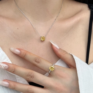 S925 silver jewelry set featuring square yellow ice-cut zircon pendant and matching ring