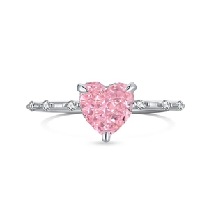 Bague en argent S925 avec zircon rose en forme de cœur et sertissage de diamants fins